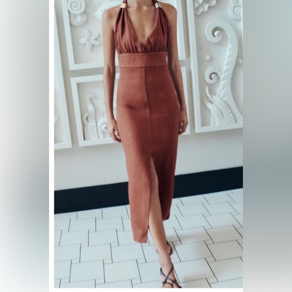 ZARA Linen Midi Dress With Gold Detail in Terra Cotta M NWT